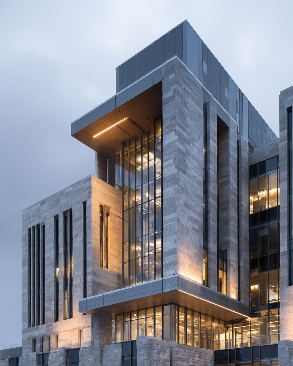 Modern architectural facade with warm interior light