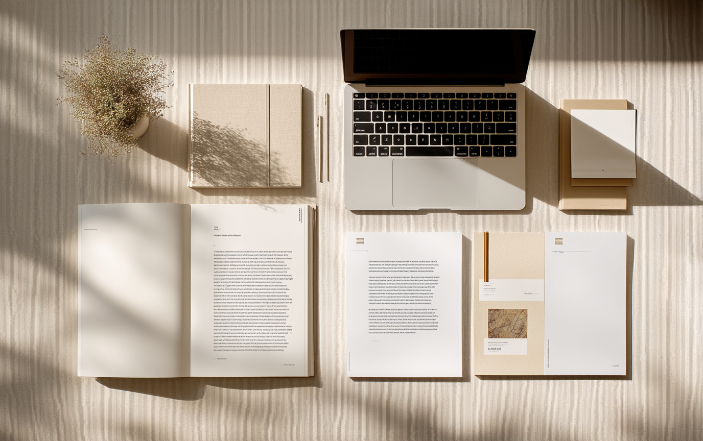 Top-down editorial workspace with laptop and printed pages
