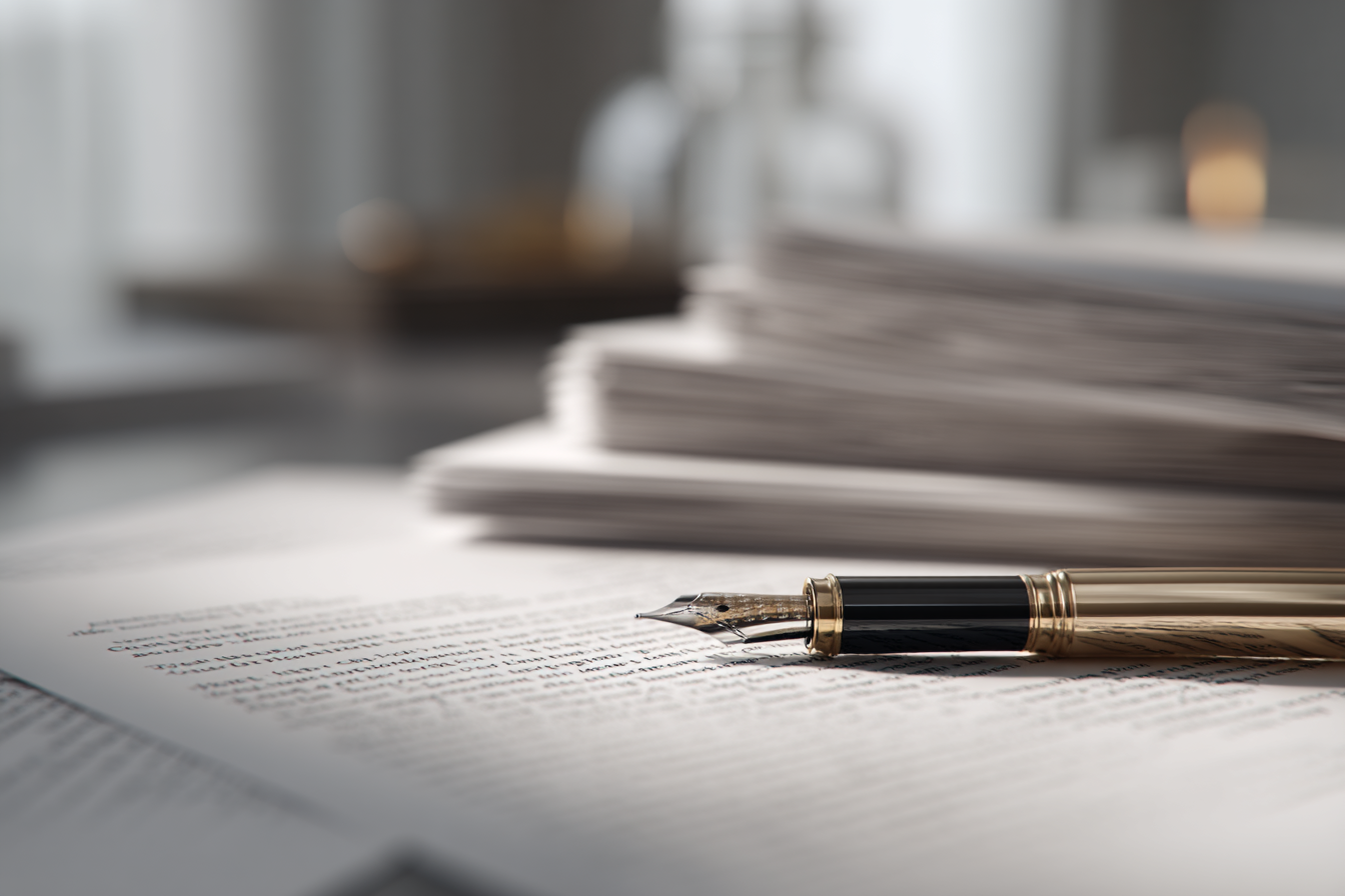 Close editorial detail of a fountain pen on legal documents